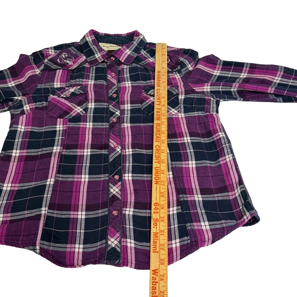 Bit & Bridle Womens Purple Plaid Western Snap Shirt Horse Embroidery Medium - Picture 4 of 8